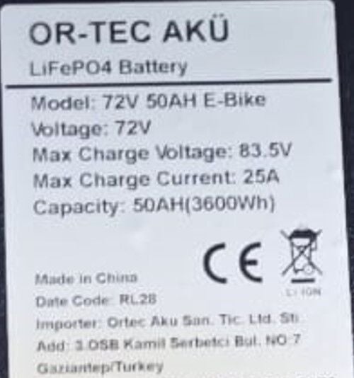 72 VOLT 50 AH LİTHİUM AKÜ ORTEC + ÖZEL LİTHYUM ŞARJ ALETİ