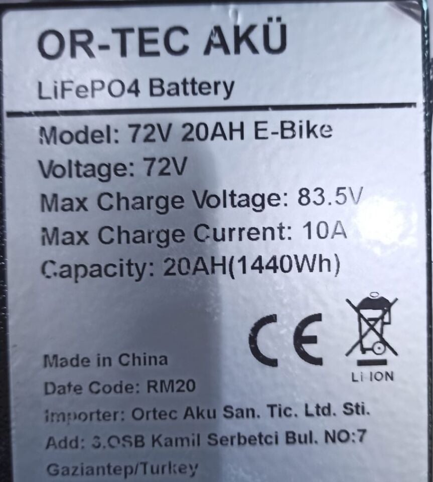 72 VOLT 20 AH LİTHİUM AKÜ ORTEC + ÖZEL LİTHYUM ŞARJ ALETİ